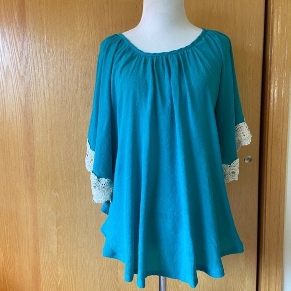 EUC-Blue Wrangler Boho Western Bell Sleeve Blouse
